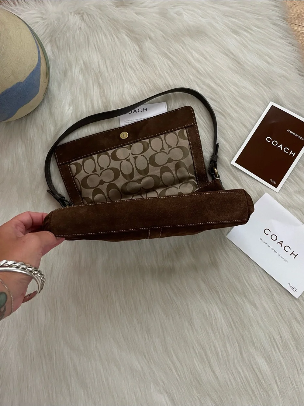 Coach Dark Brown Suede Shoulder Bag with Black Strap